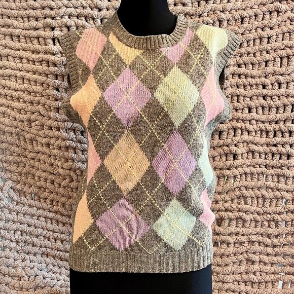 Vintage Baycrest Grey & Pastel Coloured Argyle Lambswool Vest - Size Medium - Picture 1 of 10